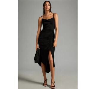 NWT By Anthropologie Cowl-Neck Ruched Dress $160 X-SMALL Black Asymmetrical